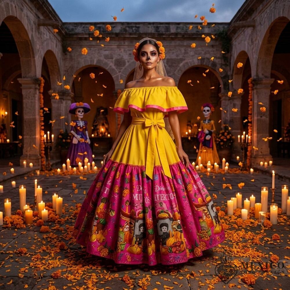 Mexican Dress Set Single Circle Skirt - Day Of The Dead & Noche De Muertos